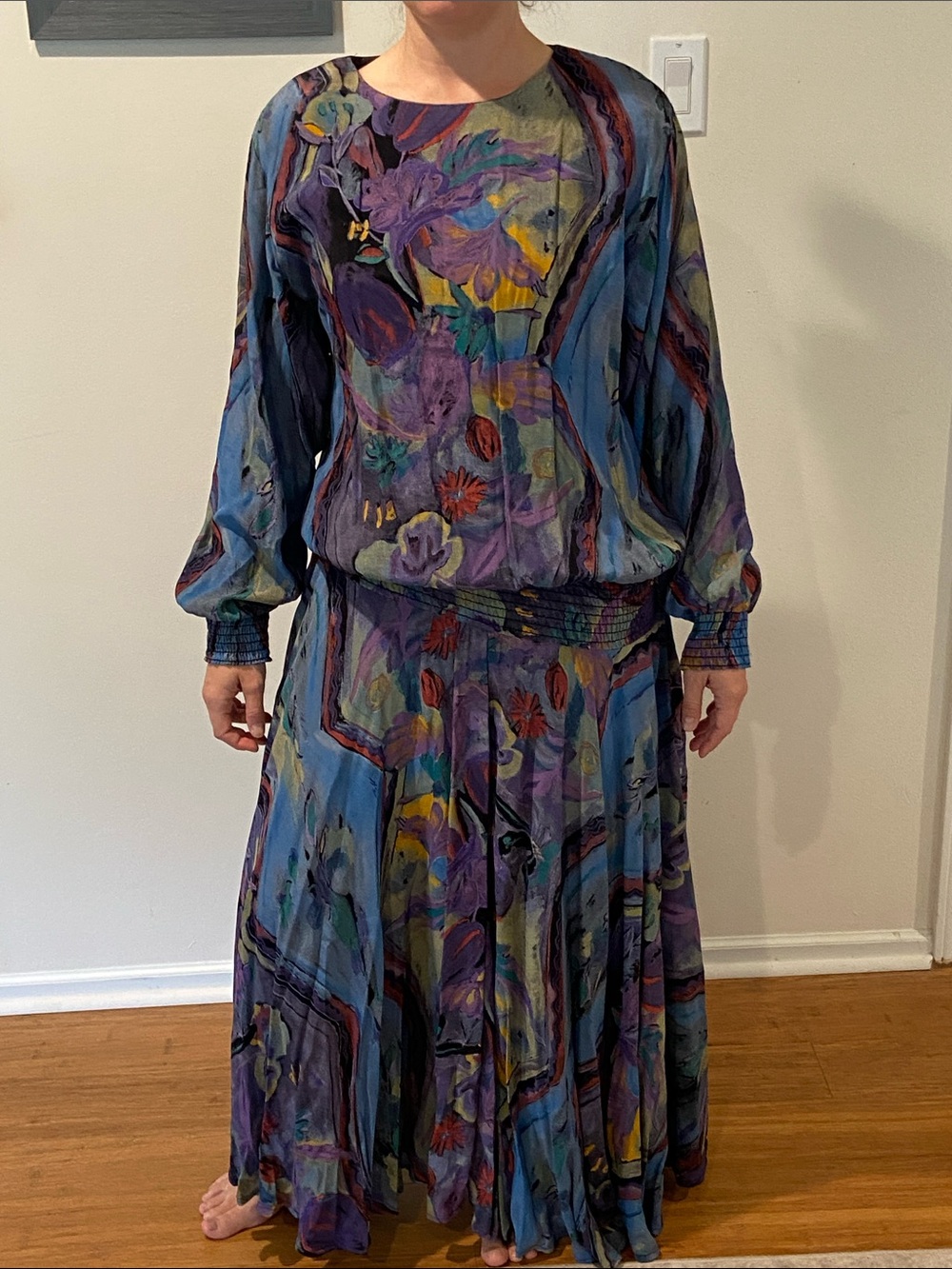 Vintage 80's Carole Little Drop Waist Abstract Print Long Sleeve Dress size 6